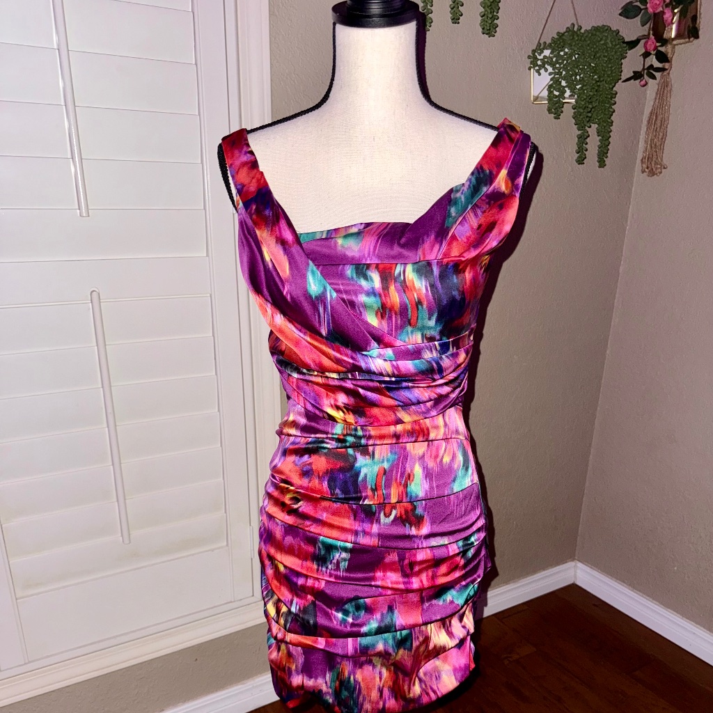 Y2k Vintage Express Ruched Watercolor Dress, Excellent Condition
